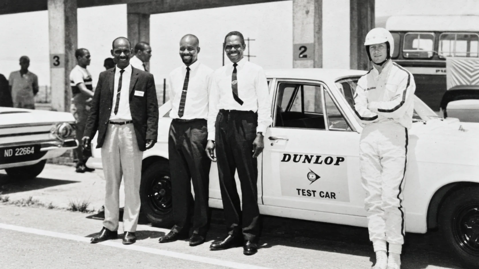 Historical photograph with a Dunlop test car